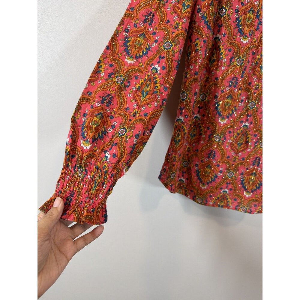 Talbots Petite SP Pink Paisley Floral Metallic Long Sleeve Ruffle Blouse Top - Picture 8 of 8